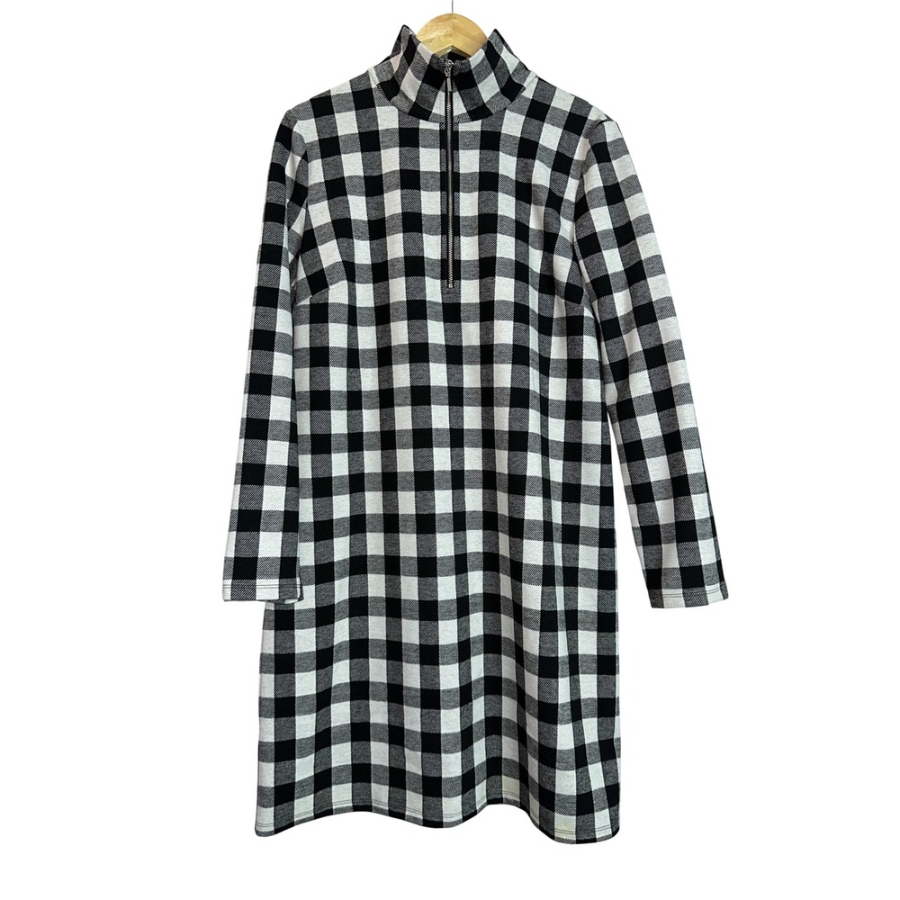 Talbots Johnny Collar Knit Dress Buffalo Plaid Gray Black Quarter Zip L - Picture 3 of 9
